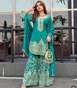Teal silk blend embroidered sharara set