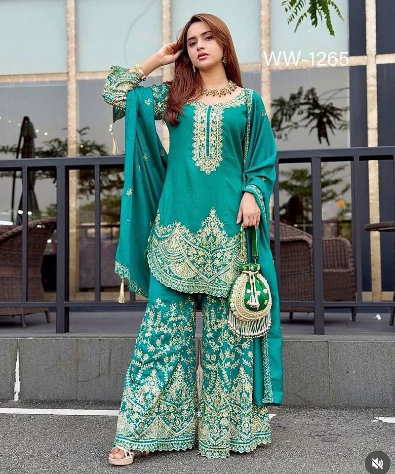 Teal silk blend embroidered sharara set