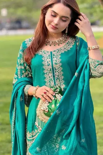 Teal silk blend embroidered sharara set
