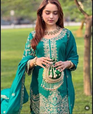Teal silk blend embroidered sharara set 3