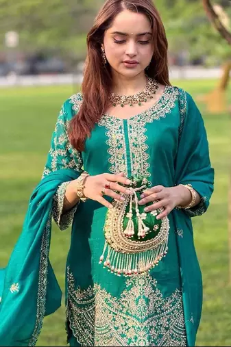 Teal silk blend embroidered sharara set