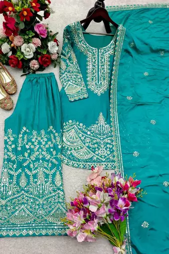 Teal silk blend embroidered sharara set