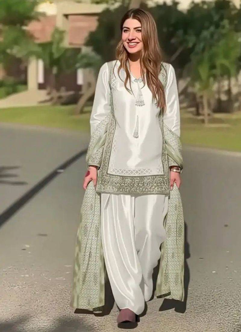 White art silk printed salwar kameez