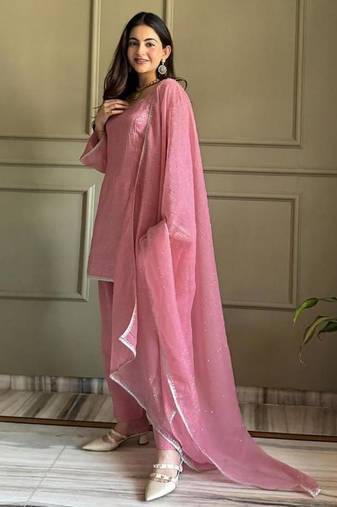 Pink silk blend plain kurta set