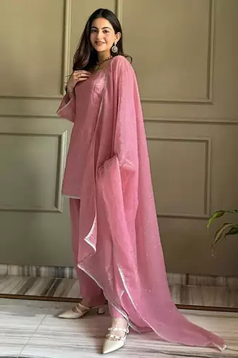 Pink silk blend plain kurta set