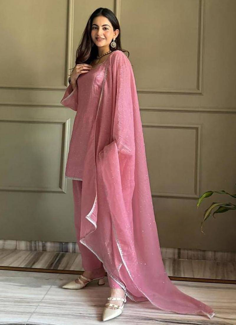 Pink silk blend plain kurta set