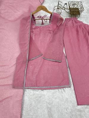 Pink silk blend plain kurta set 3