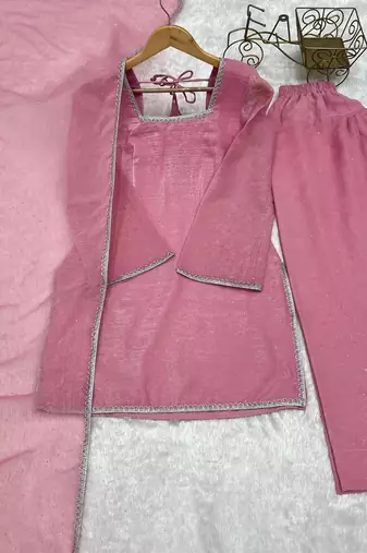 Pink silk blend plain kurta set