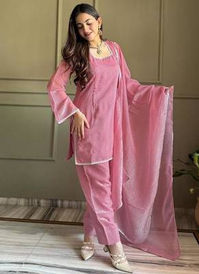 Pink silk blend plain kurta set 4