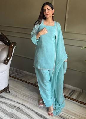 Sky blue silk blend plain kurta set 1