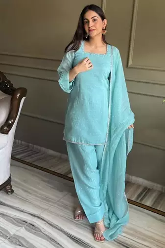 Sky blue silk blend plain kurta set