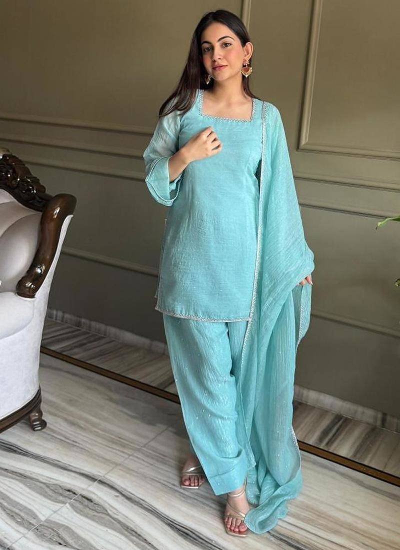 Sky blue silk blend plain kurta set