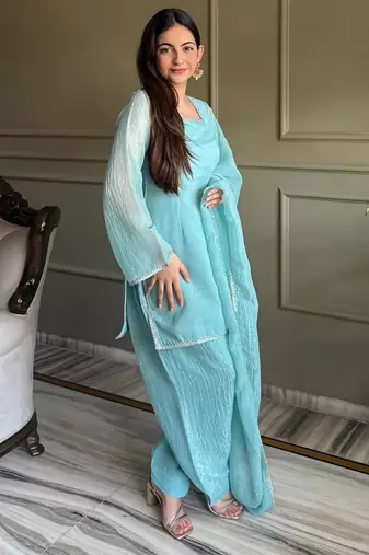 Sky blue silk blend plain kurta set