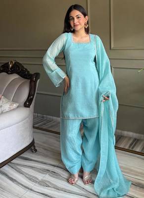 Sky blue silk blend plain kurta set 3