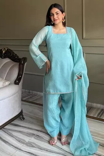 Sky blue silk blend plain kurta set