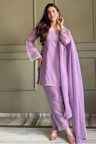 Lavender silk blend plain kurta set