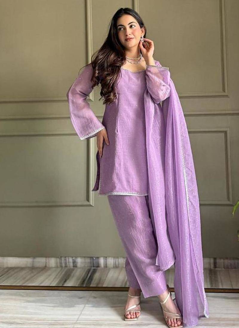 Lavender silk blend plain kurta set