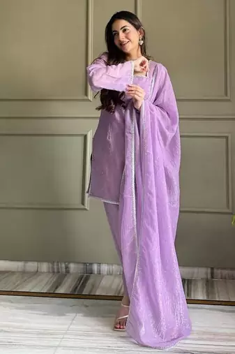 Lavender silk blend plain kurta set