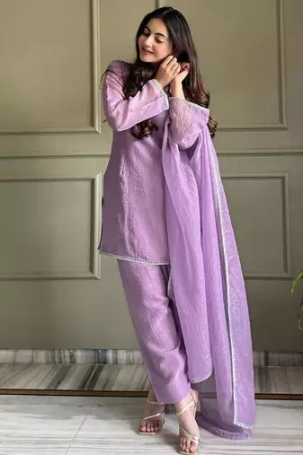 Lavender silk blend plain kurta set