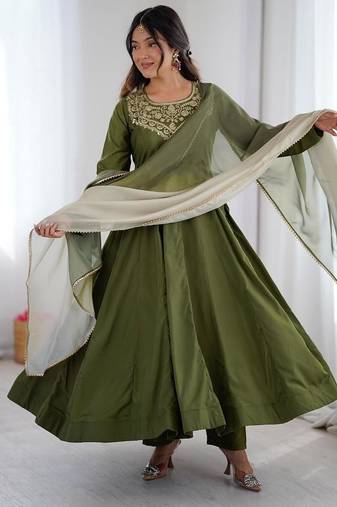 Green crepe embroidered anarkali set