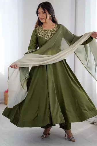 Green crepe embroidered anarkali set