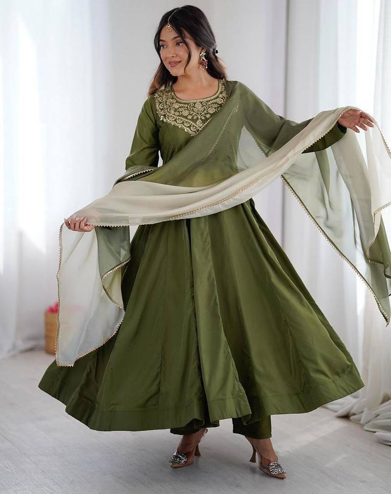 Green crepe embroidered anarkali set