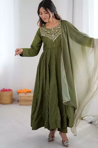 Green crepe embroidered anarkali set