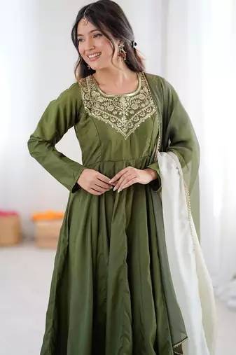 Green crepe embroidered anarkali set