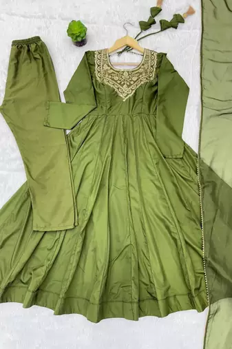 Green crepe embroidered anarkali set