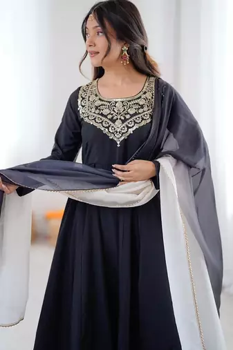 Black crepe embroidered anarkali set