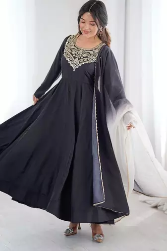 Black crepe embroidered anarkali set