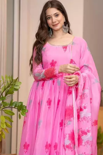 Pink organza printed anarkali set