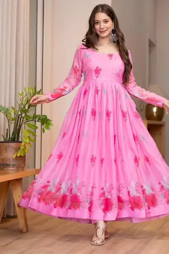 Pink organza printed anarkali set