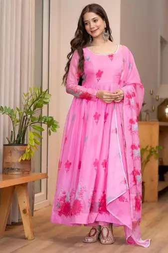 Pink organza printed anarkali set