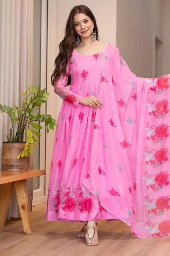 Pink organza printed anarkali set