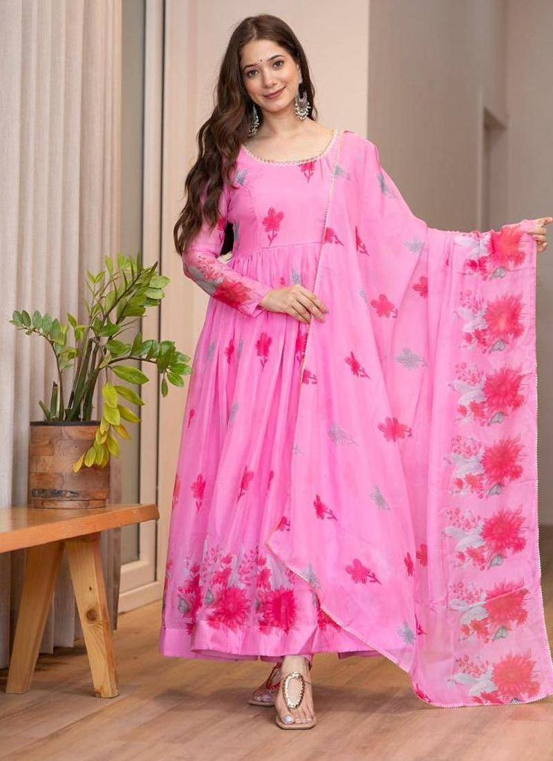 Pink organza printed anarkali set