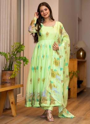Lime organza printed anarkali set 1
