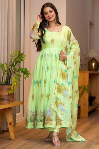 Lime organza printed anarkali set