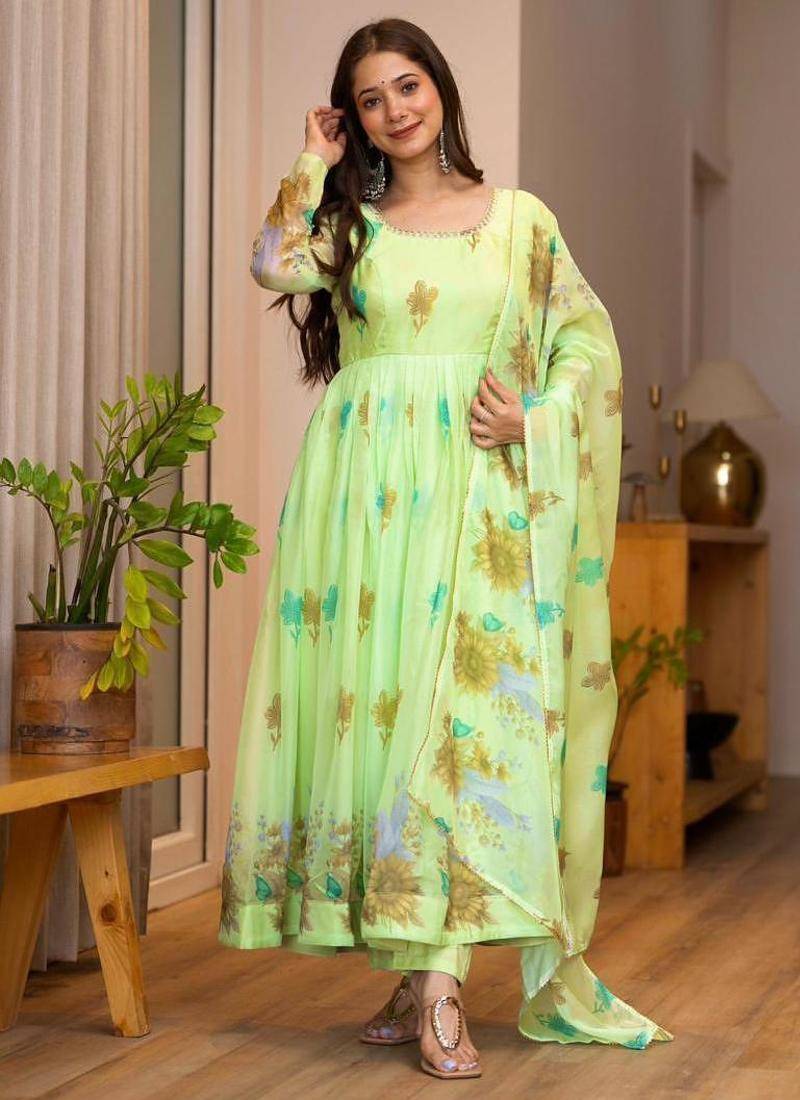 Lime organza printed anarkali set