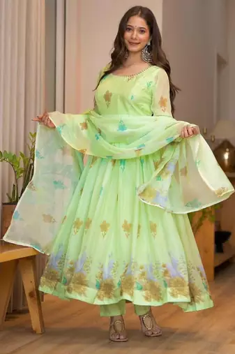 Lime organza printed anarkali set