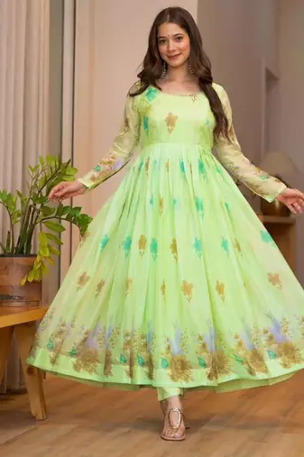 Lime organza printed anarkali set