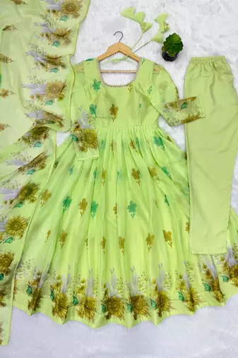 Lime organza printed anarkali set