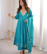 Sky blue silk blend embroidered anarkali set