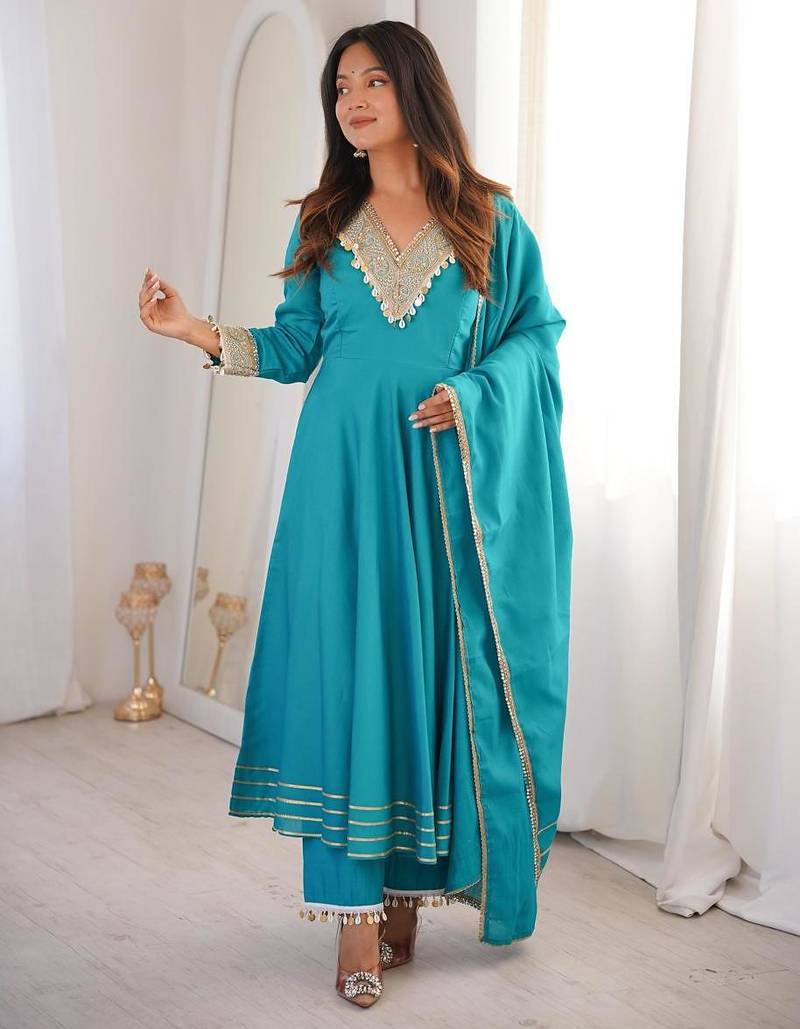 Sky blue silk blend embroidered anarkali set