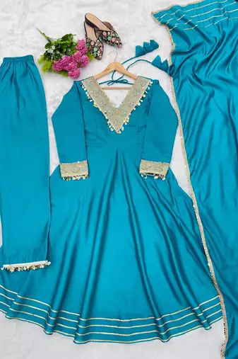 Sky blue silk blend embroidered anarkali set