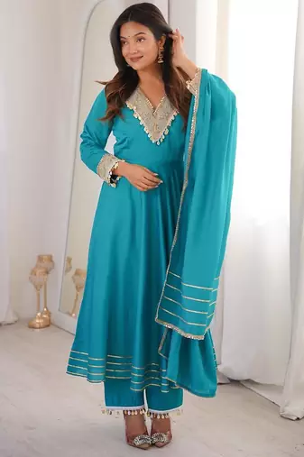 Sky blue silk blend embroidered anarkali set