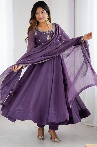 Purple silk blend embroidered anarkali set