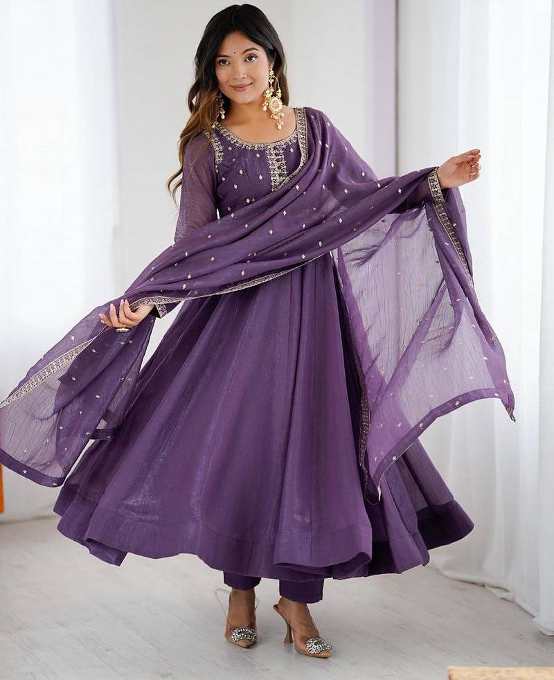 Purple silk blend embroidered anarkali set