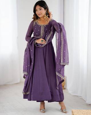 Purple silk blend embroidered anarkali set 2