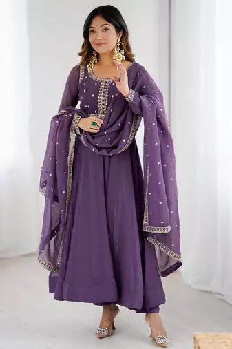 Purple silk blend embroidered anarkali set